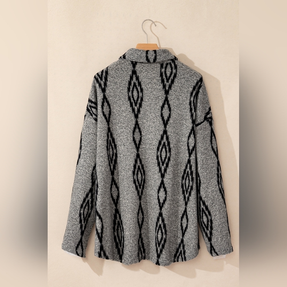 Grey Aztec Loose Oversize Fleece Shacket Layering Piece - Picture 4 of 12